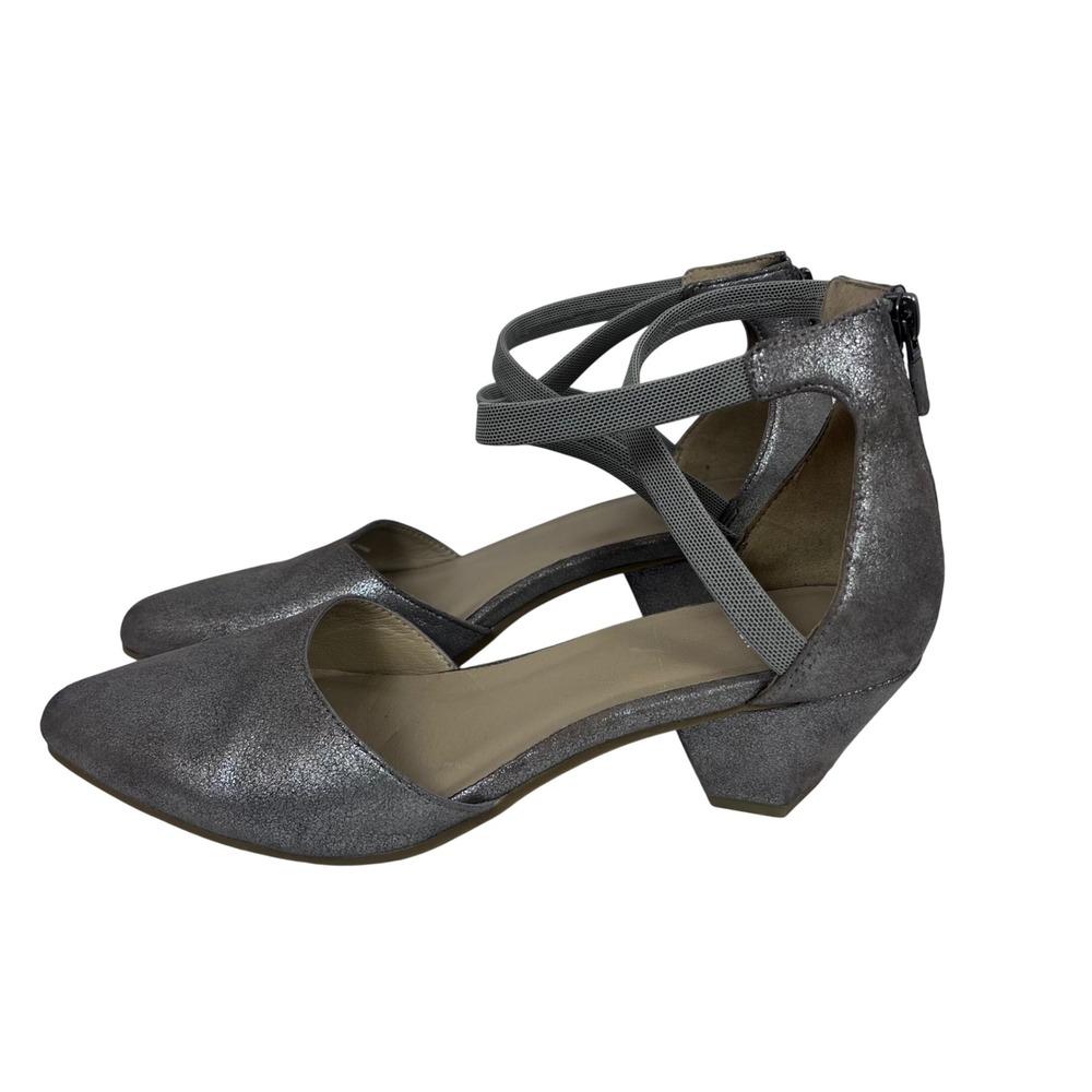 Eileen Fisher Size 8 Silver Metallic Leather Pointed Toe‎ Block Heels (696clo)